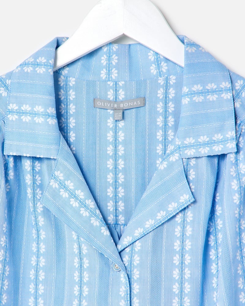 Blue Dobby Button Up Short Sleeve Blouse