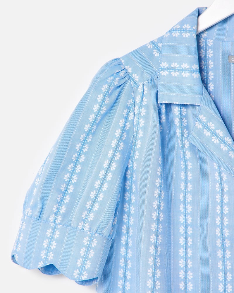 Blue Dobby Button Up Short Sleeve Blouse