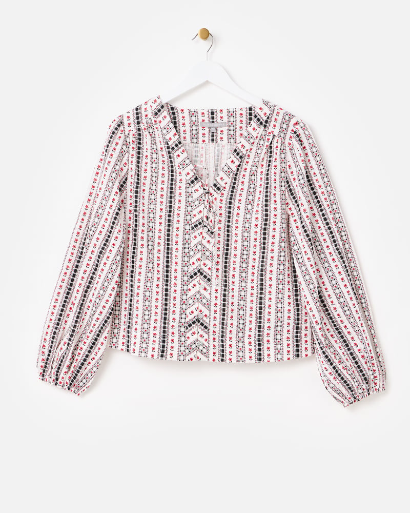 Monochrome Floral Tie Front V-Neck Blouse