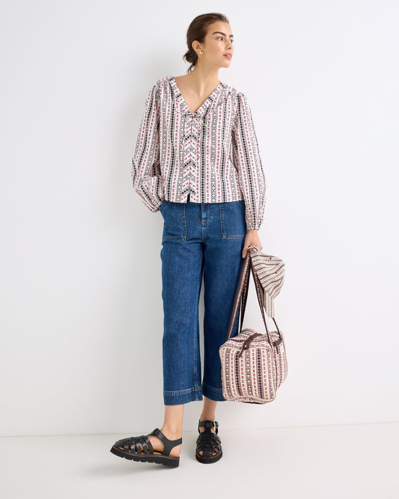 Monochrome Floral Tie Front V-Neck Blouse