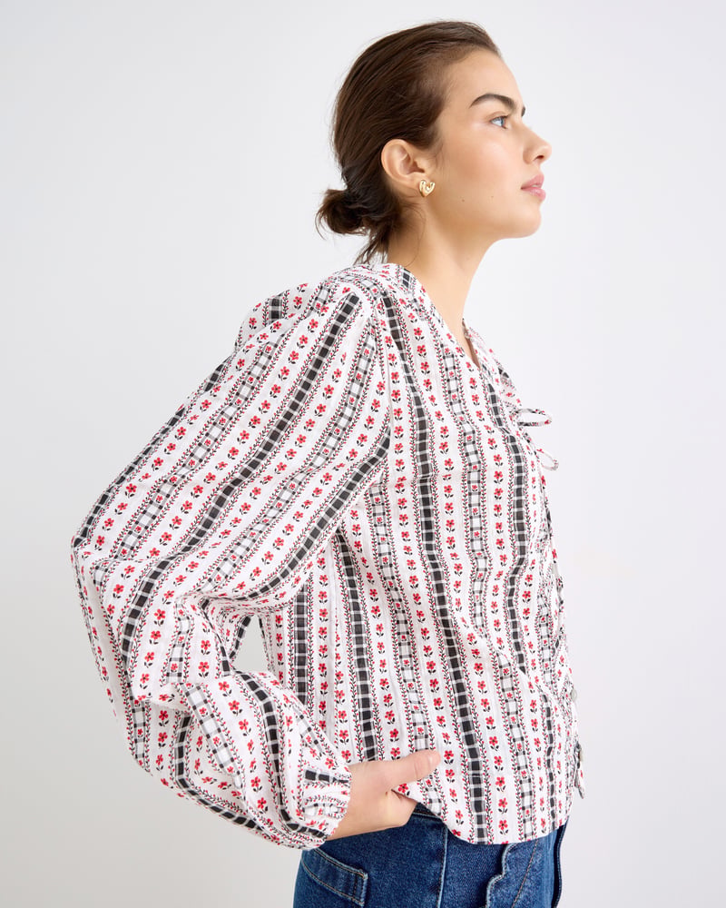 Monochrome Floral Tie Front V-Neck Blouse