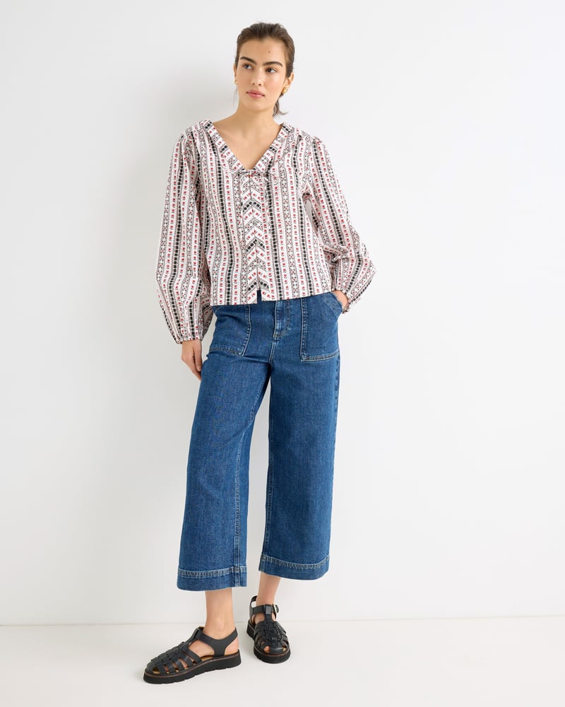 Monochrome Floral Tie Front V-Neck Blouse