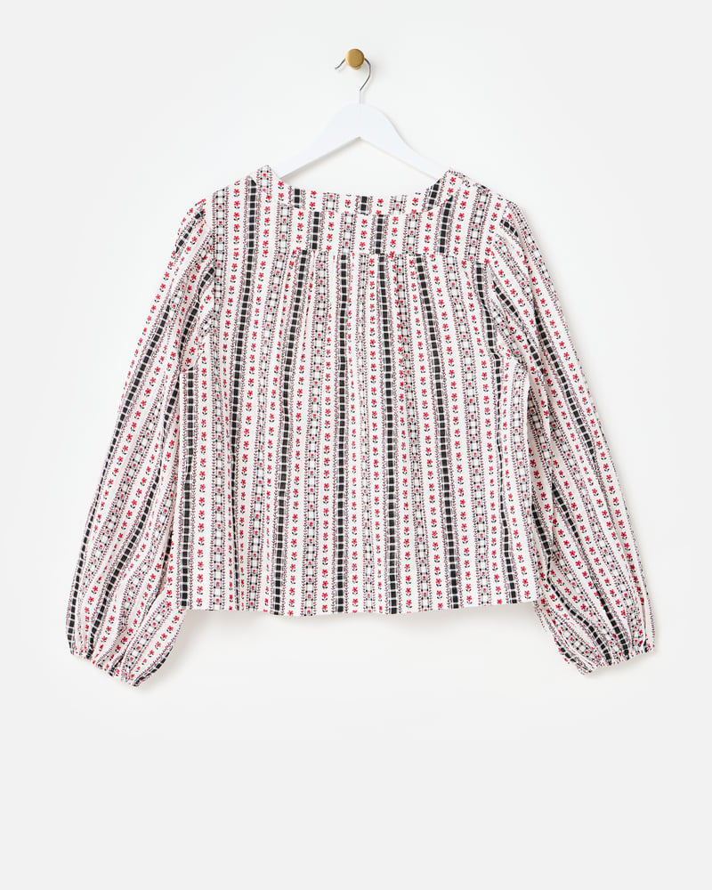 Monochrome Floral Tie Front V-Neck Blouse