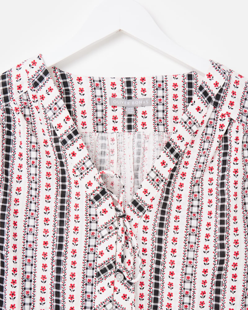 Monochrome Floral Tie Front V-Neck Blouse