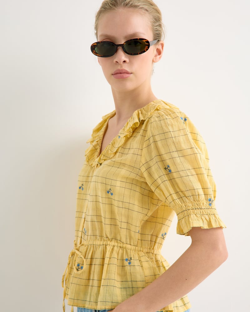 Yellow Floral Check Tie Waist Blouse