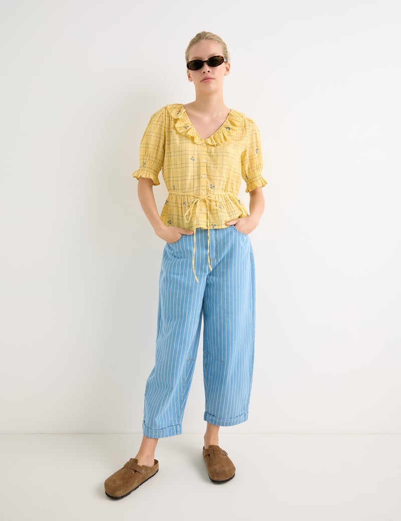 Yellow Floral Check Tie Waist Blouse