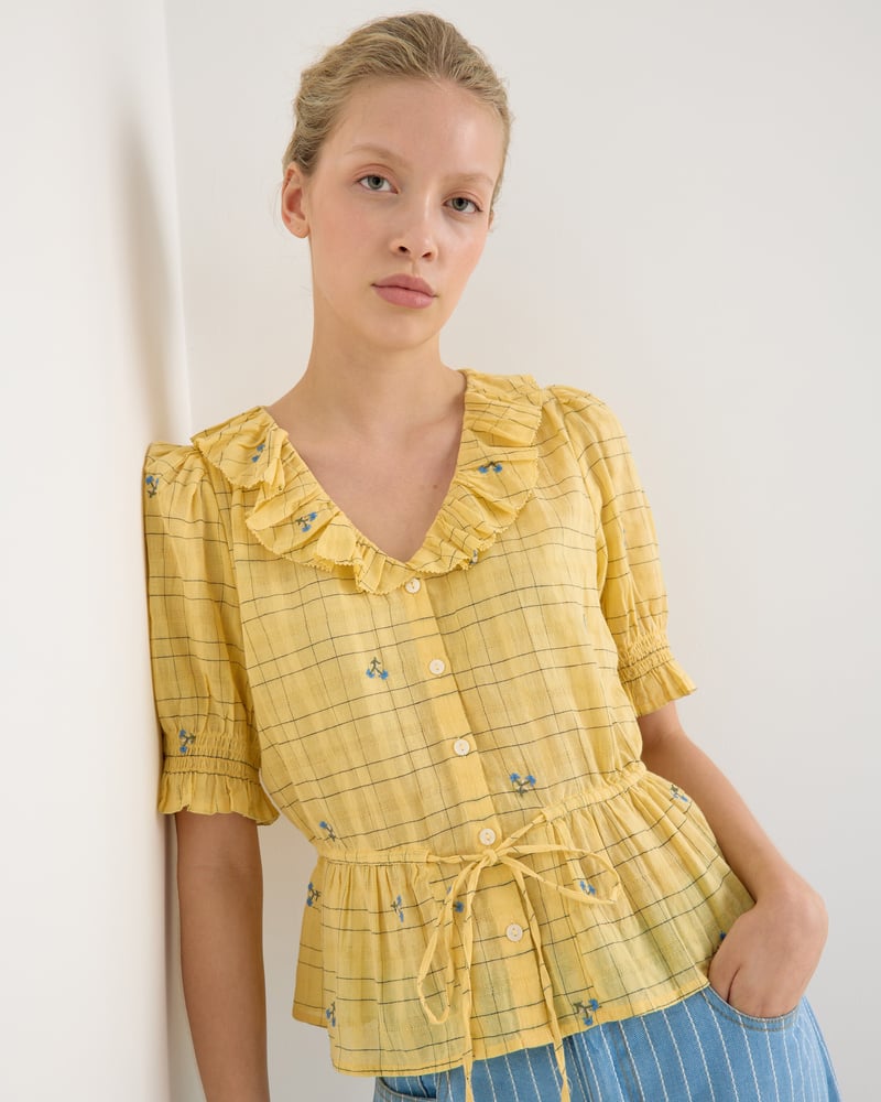 Yellow Floral Check Tie Waist Blouse