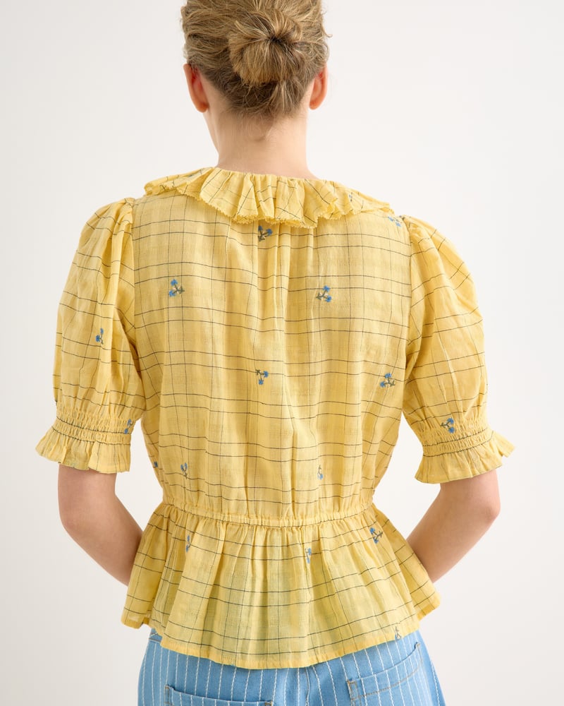 Yellow Floral Check Tie Waist Blouse