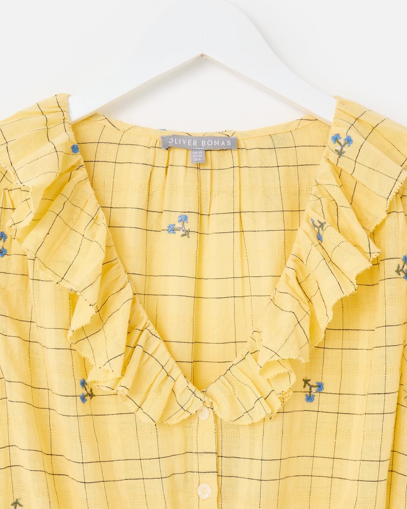 Yellow Floral Check Tie Waist Blouse