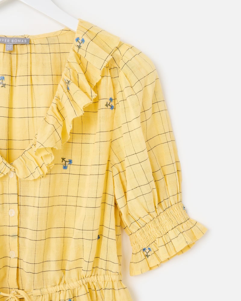Yellow Floral Check Tie Waist Blouse