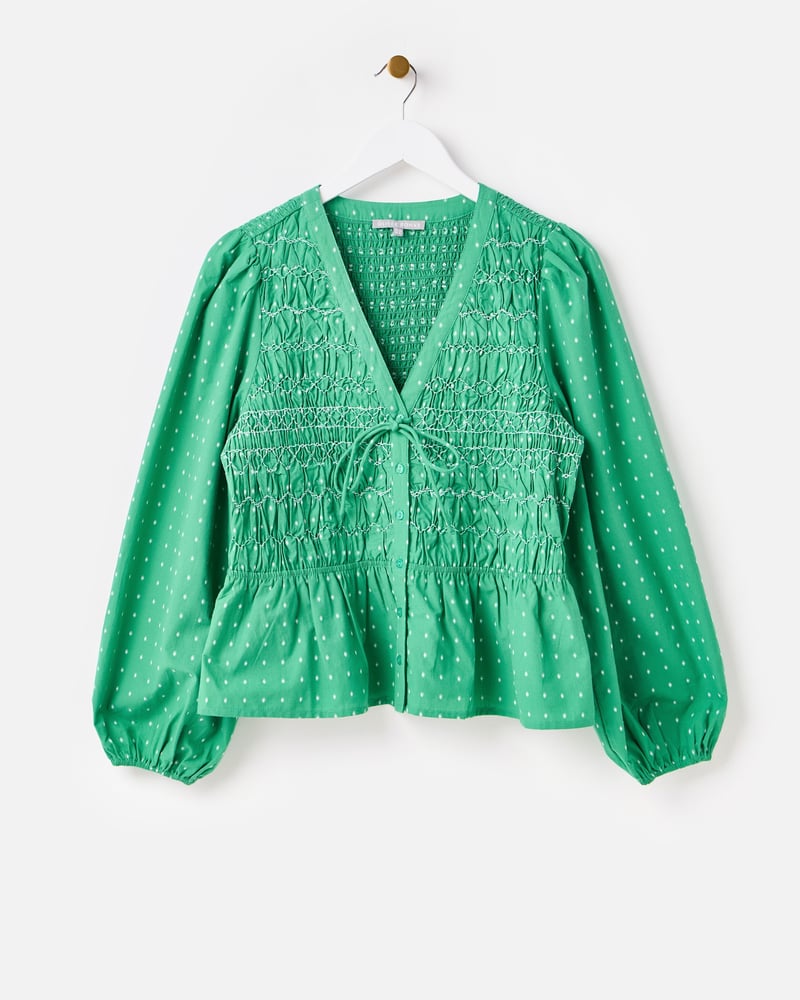 Green Dobby V-Neck Shirred Peplum Top