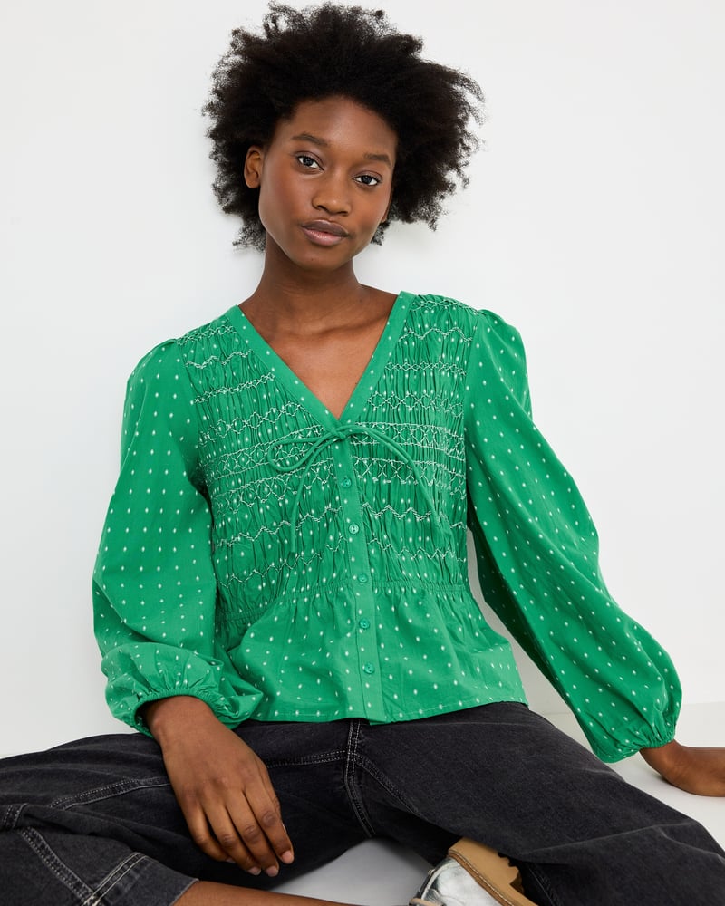 Green Dobby V-Neck Shirred Peplum Top