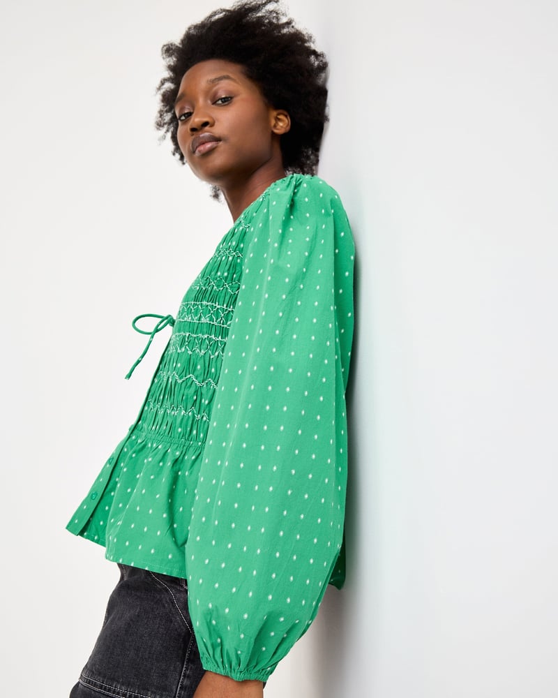 Green Dobby V-Neck Shirred Peplum Top