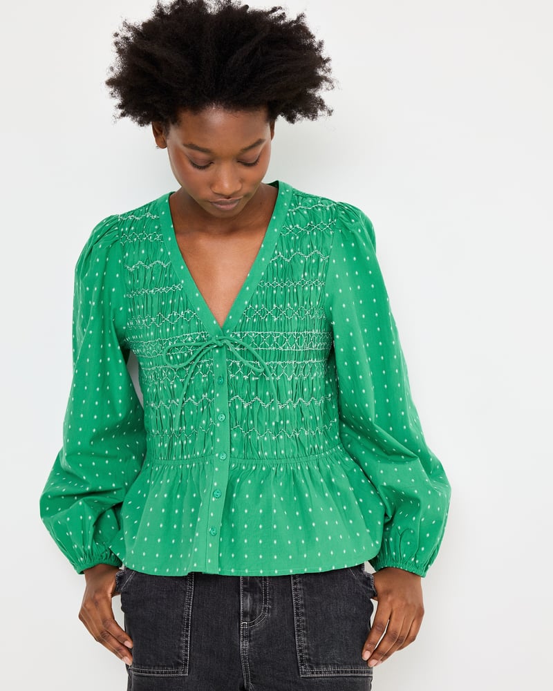 Green Dobby V-Neck Shirred Peplum Top