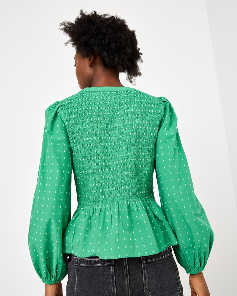 Green Dobby V-Neck Shirred Peplum Top
