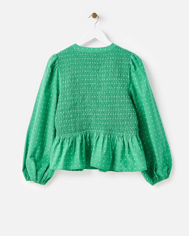Green Dobby V-Neck Shirred Peplum Top