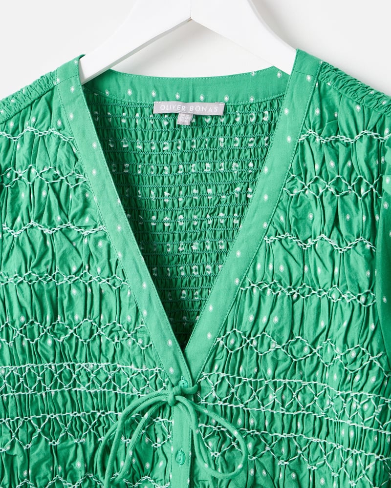 Green Dobby V-Neck Shirred Peplum Top
