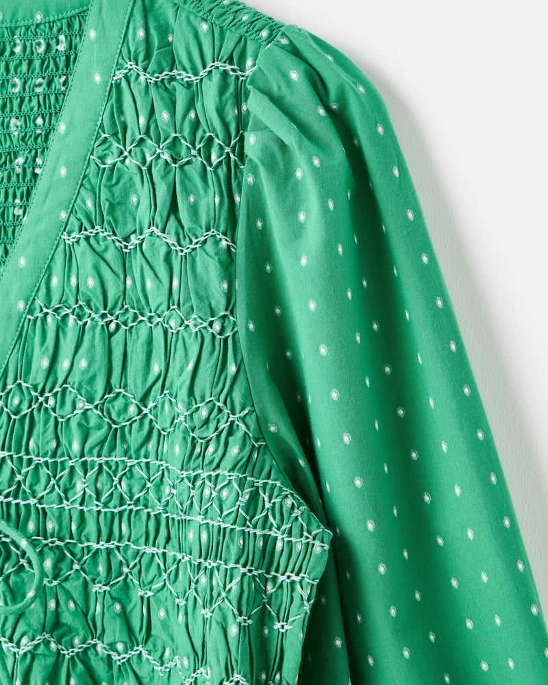 Green Dobby V-Neck Shirred Peplum Top