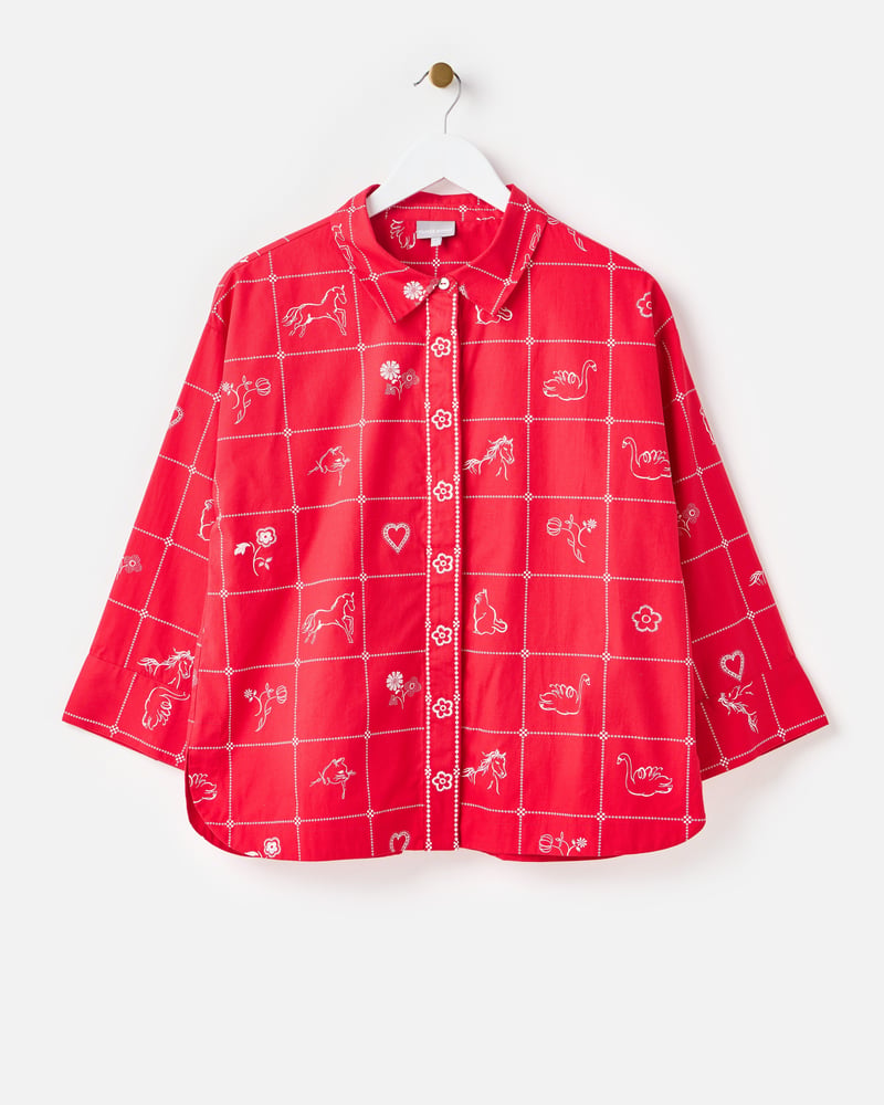 Red & White Motif Print Wide Sleeve Cotton Shirt