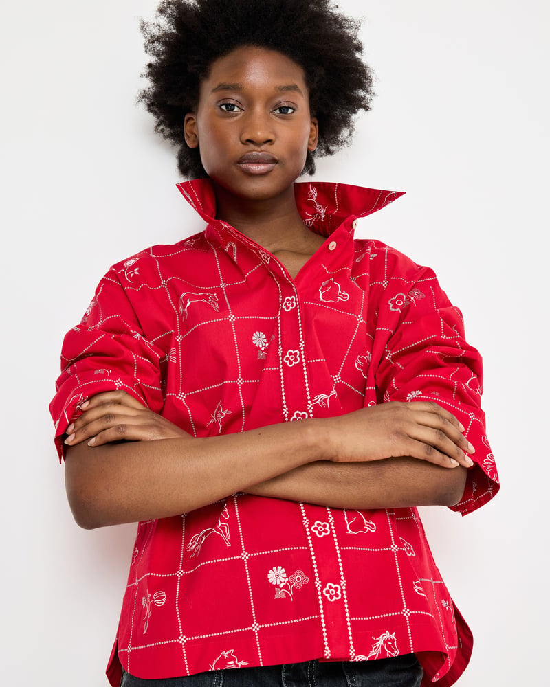 Red & White Motif Print Wide Sleeve Cotton Shirt