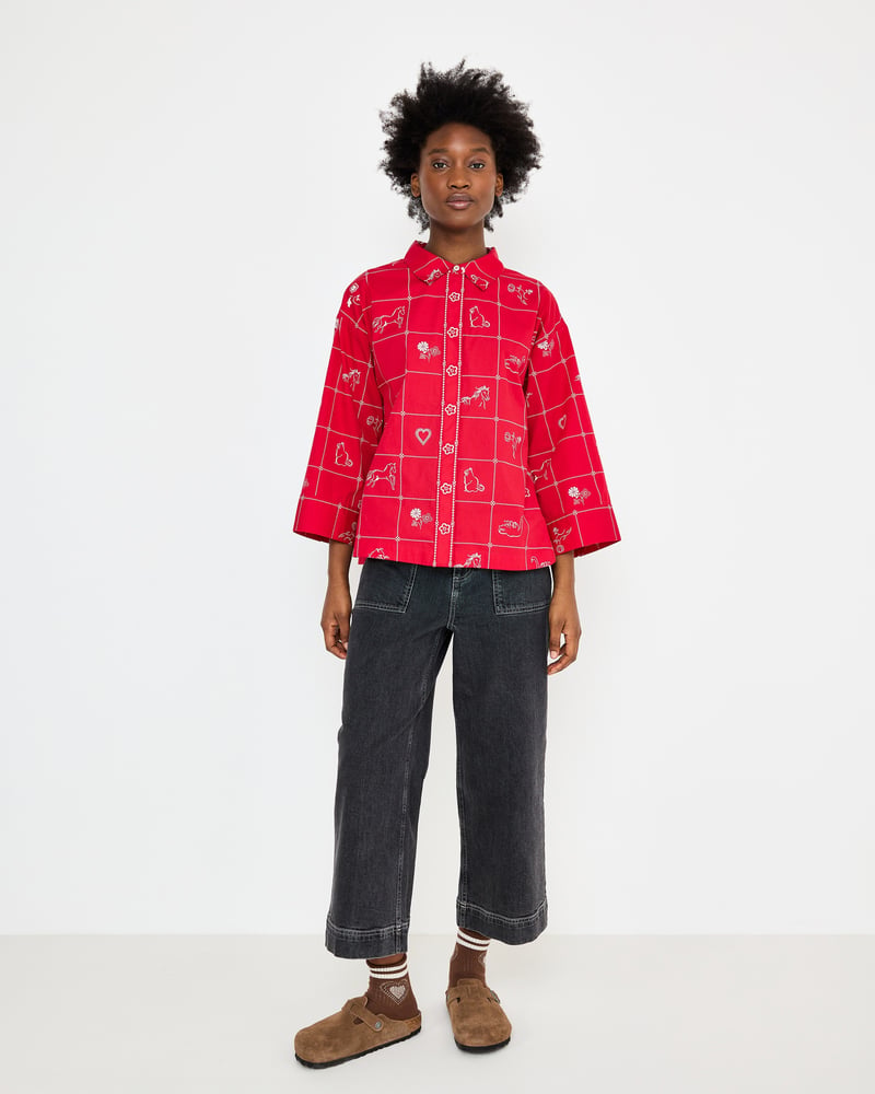 Red & White Motif Print Wide Sleeve Cotton Shirt