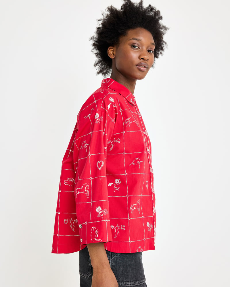 Red & White Motif Print Wide Sleeve Cotton Shirt