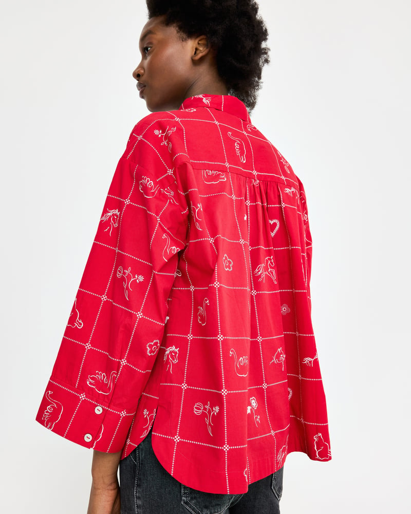 Red & White Motif Print Wide Sleeve Cotton Shirt