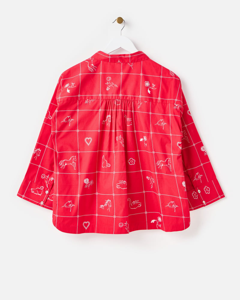 Red & White Motif Print Wide Sleeve Cotton Shirt