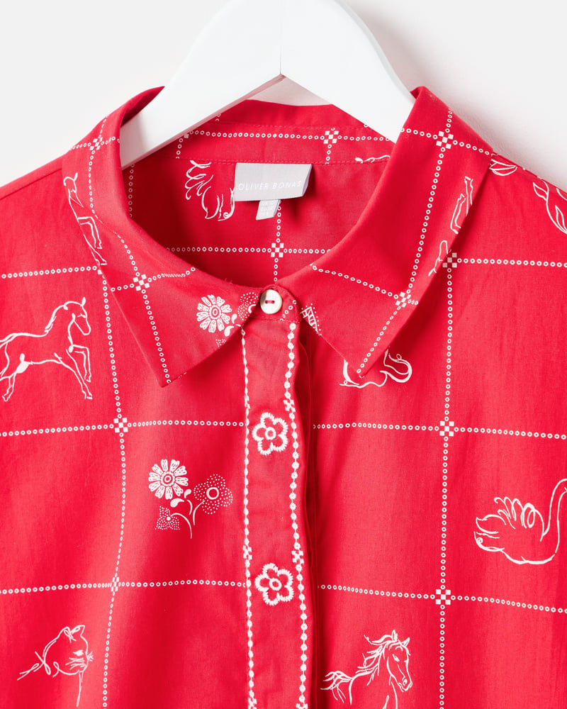 Red & White Motif Print Wide Sleeve Cotton Shirt