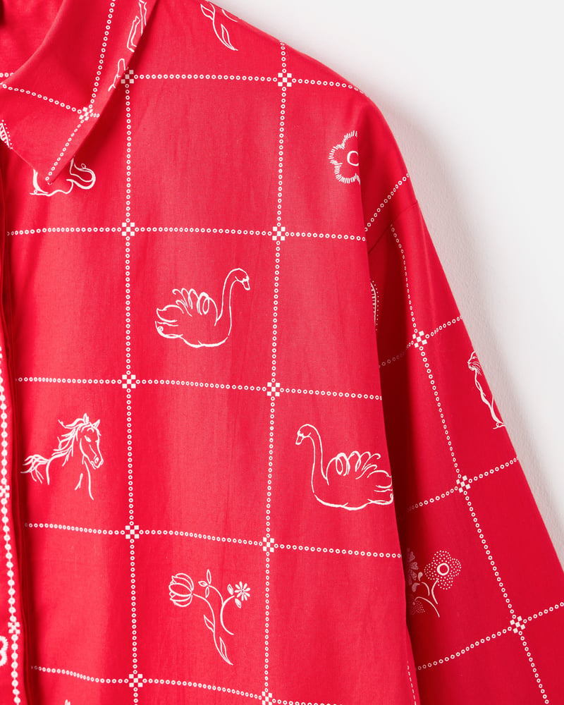 Red & White Motif Print Wide Sleeve Cotton Shirt