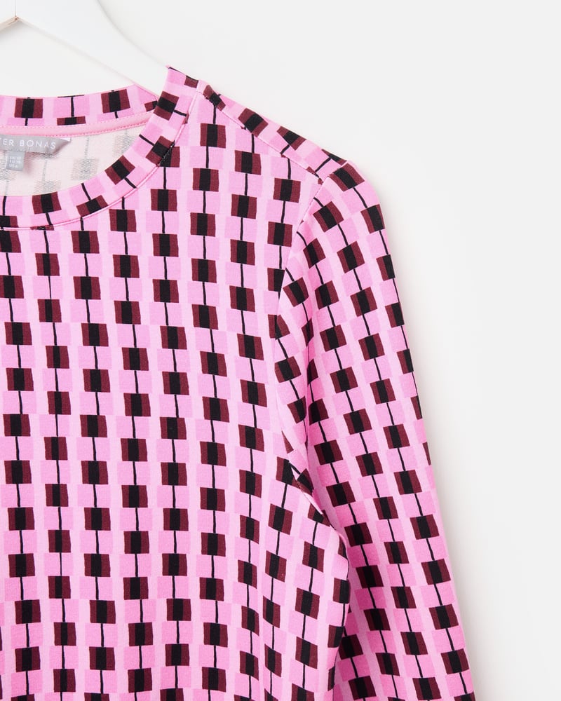 Pink & Brown Geometric Fitted Long Sleeve Top
