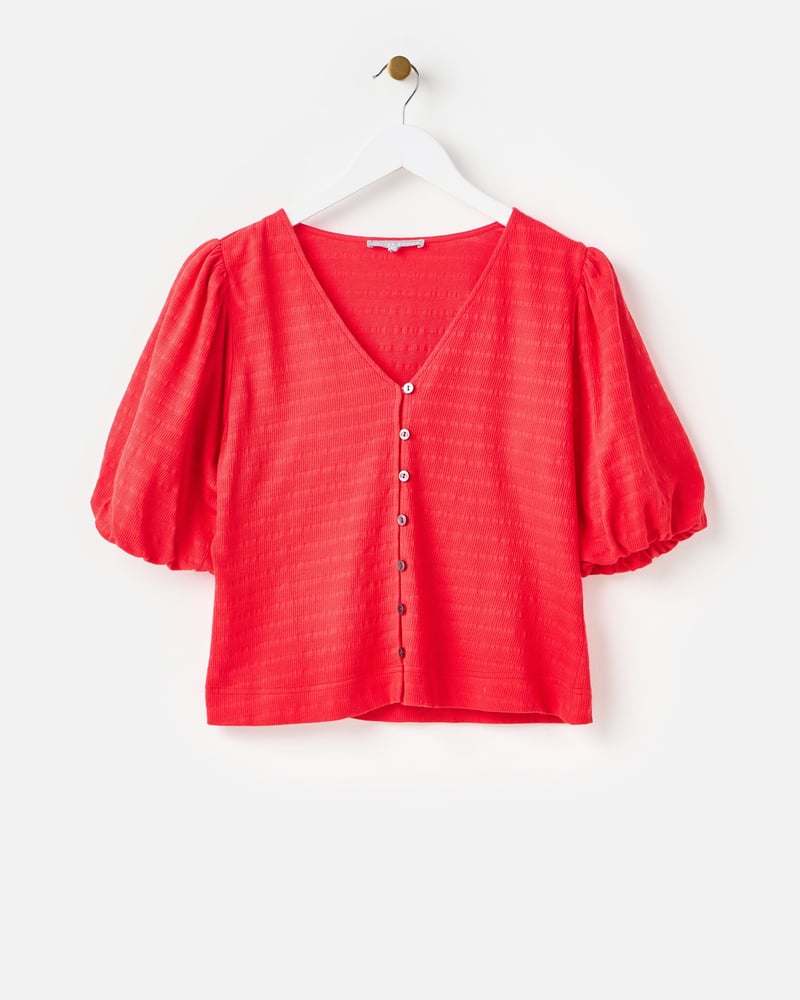 Red Textured Button Up Puff Sleeve Top
