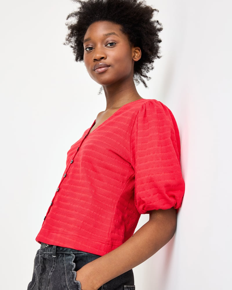 Red Textured Button Up Puff Sleeve Top