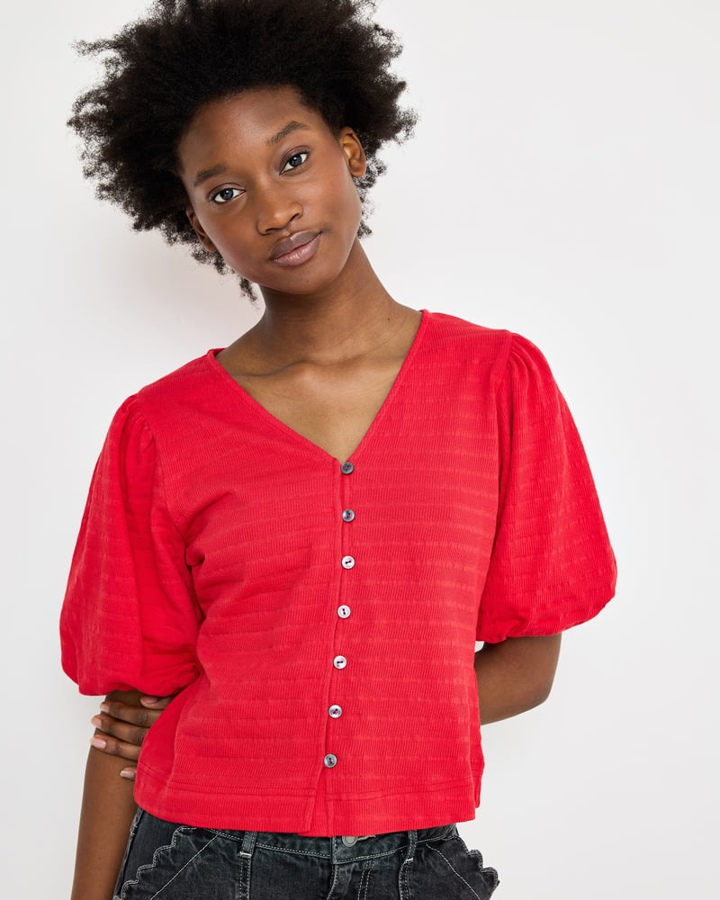 Red Textured Button Up Puff Sleeve Top