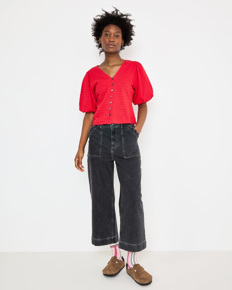 Red Textured Button Up Puff Sleeve Top