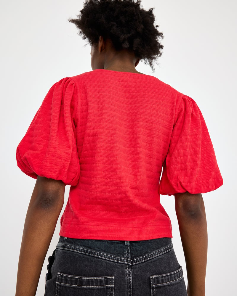 Red Textured Button Up Puff Sleeve Top