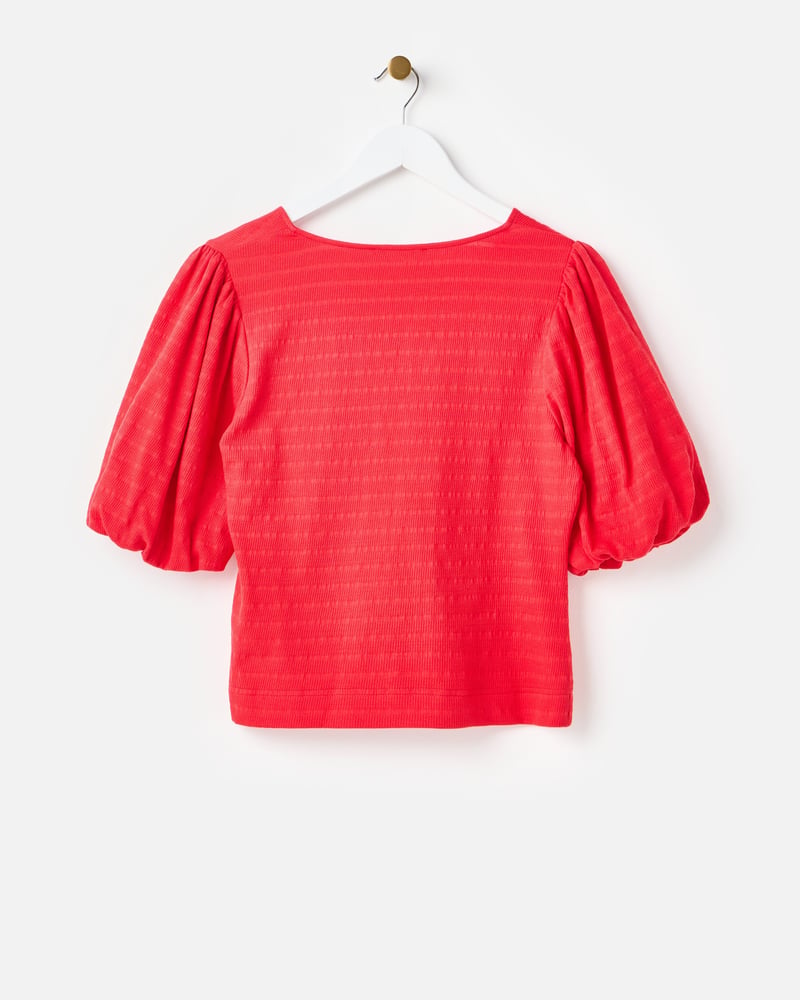 Red Textured Button Up Puff Sleeve Top