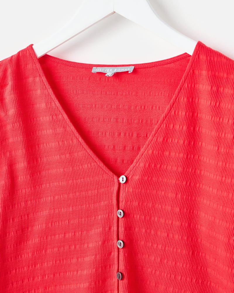 Red Textured Button Up Puff Sleeve Top