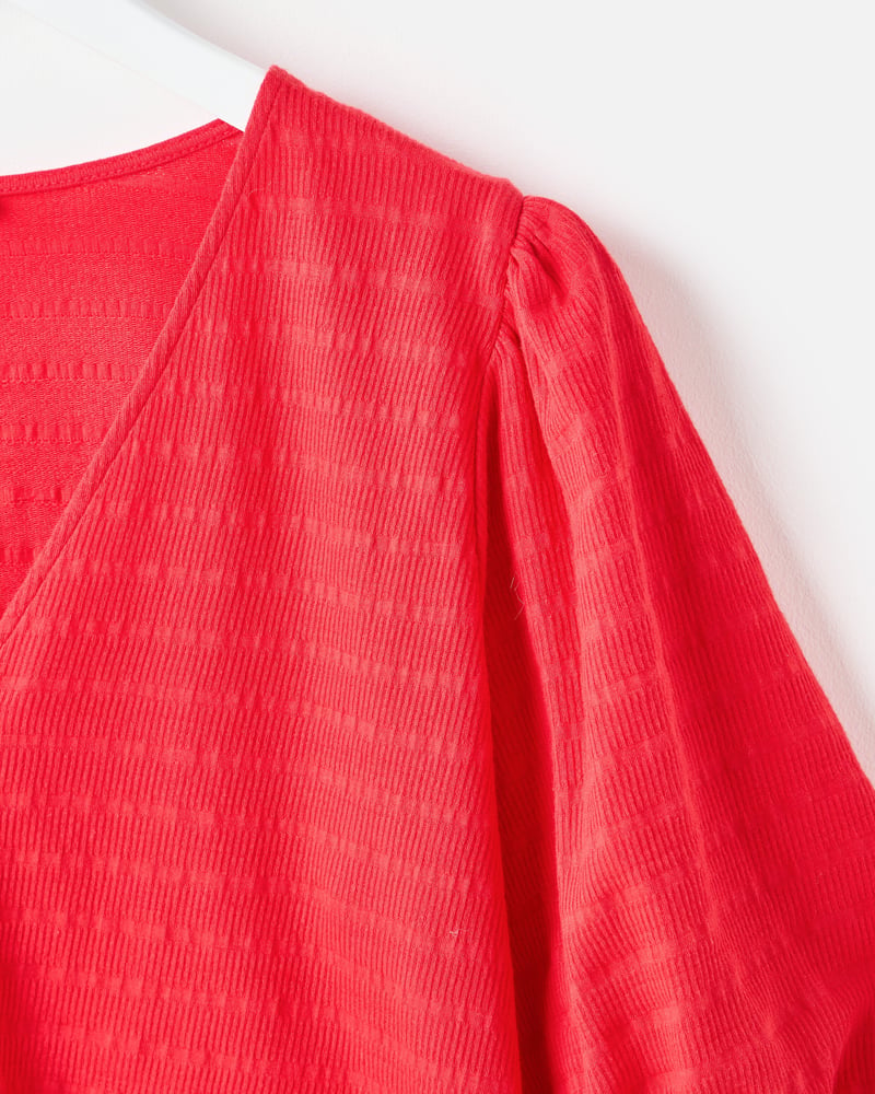 Red Textured Button Up Puff Sleeve Top