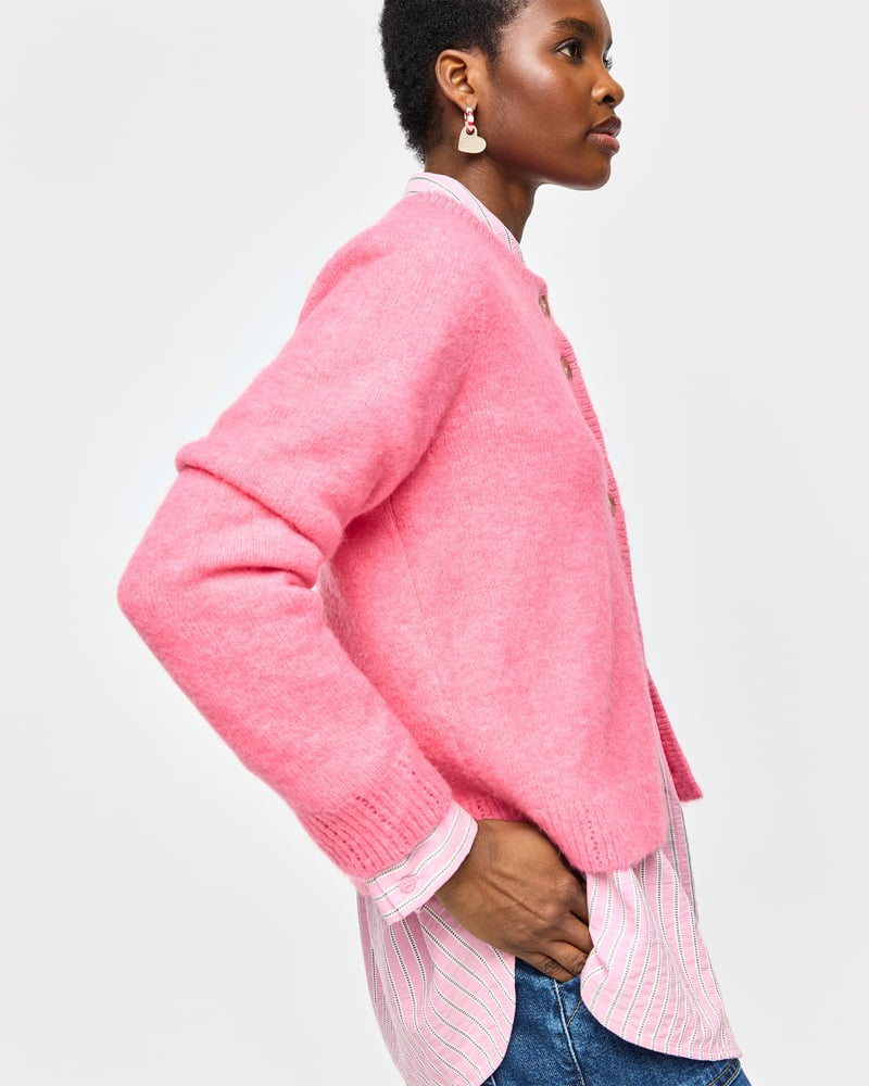 Pink Crew Neck Knitted Cardigan