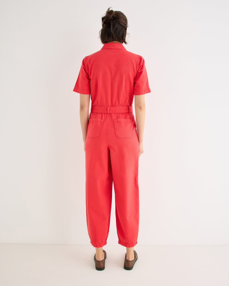 Red Denim Collared Short Sleeve Jumpsuit