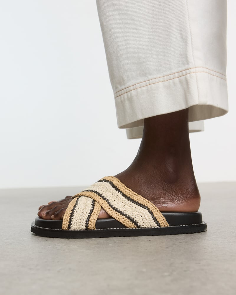 Black & Cream Raffia Crossover Chunky Sliders