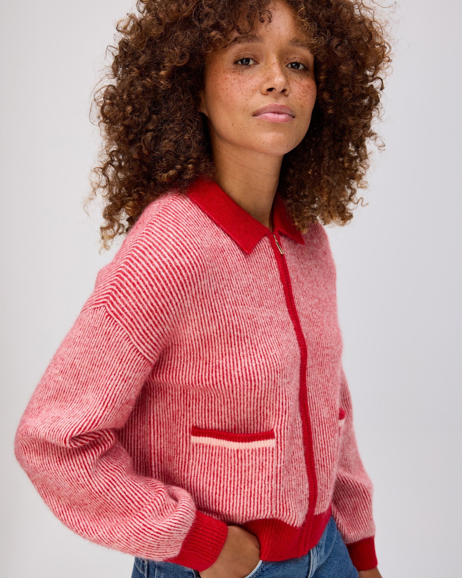 Red Striped Collared Knitted Bomber Jacket | Oliver Bonas