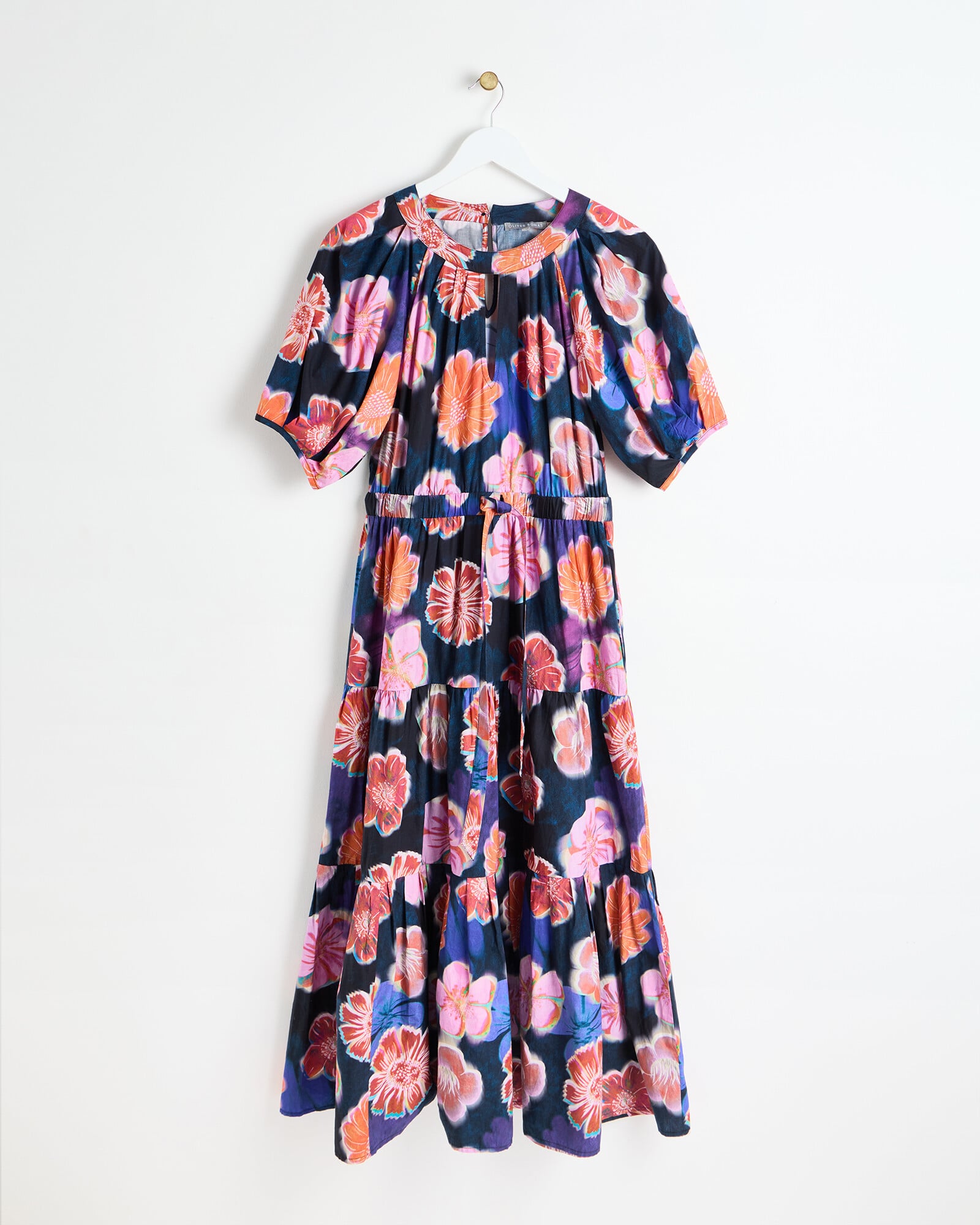 Blue Floral Print Tiered Keyhole Midi Dress