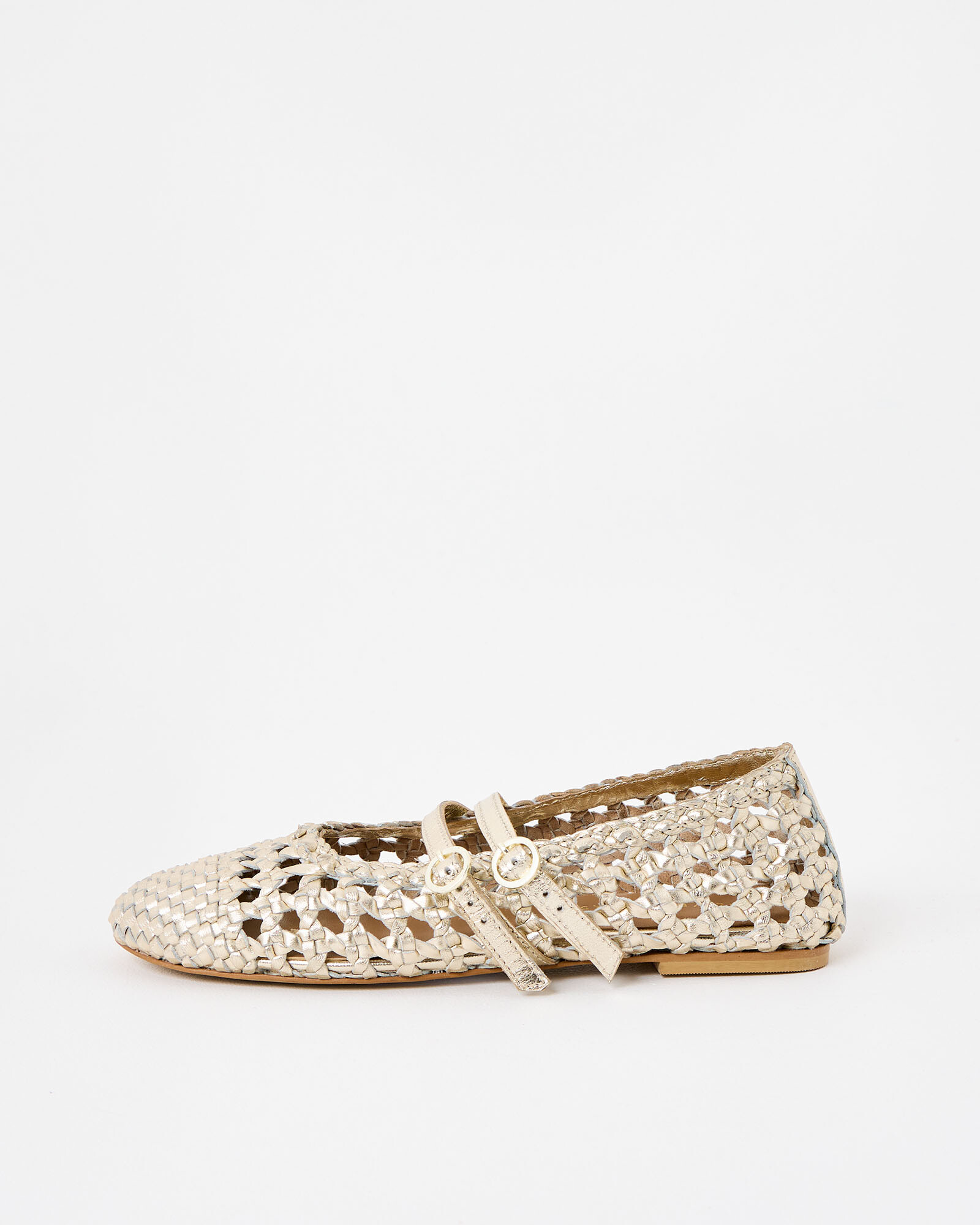 Mary Jane Double Buckle Gold Metallic Woven Leather Shoes