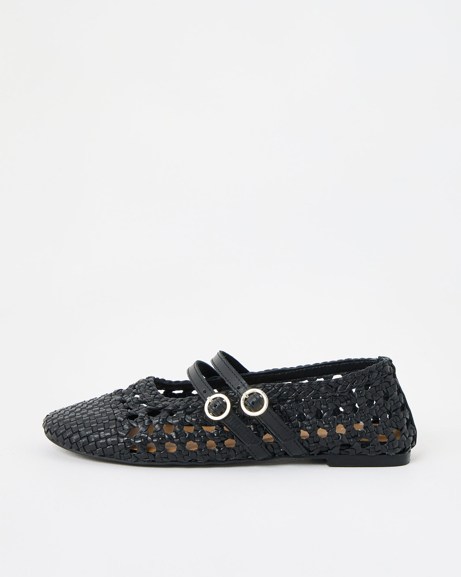 Mary Jane Double Buckle Black Woven Leather Shoes
