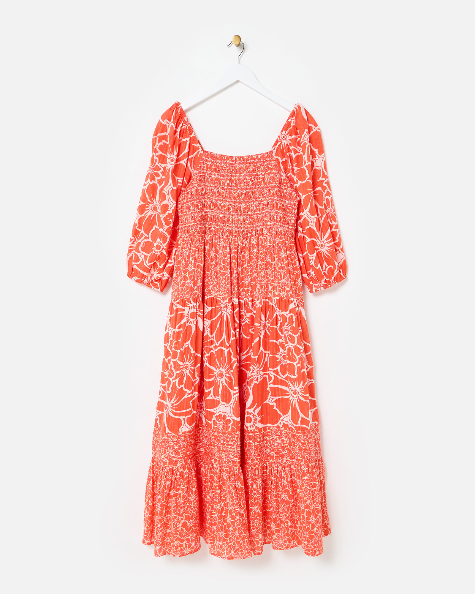 Orange & White Floral Puff Sleeve Cotton Midi Dress