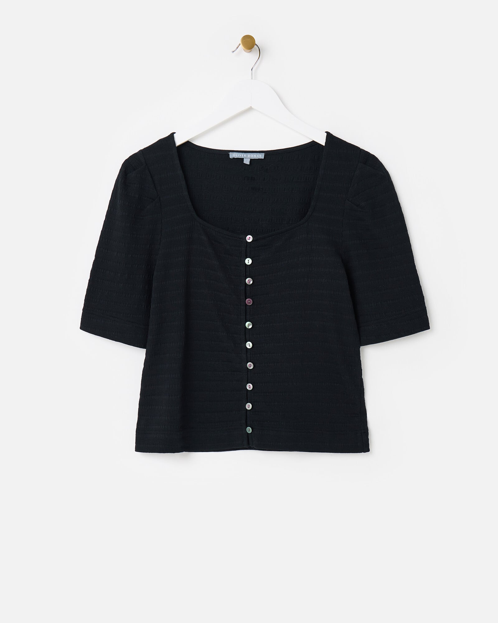 Black Textured Button Through Square Neck Top