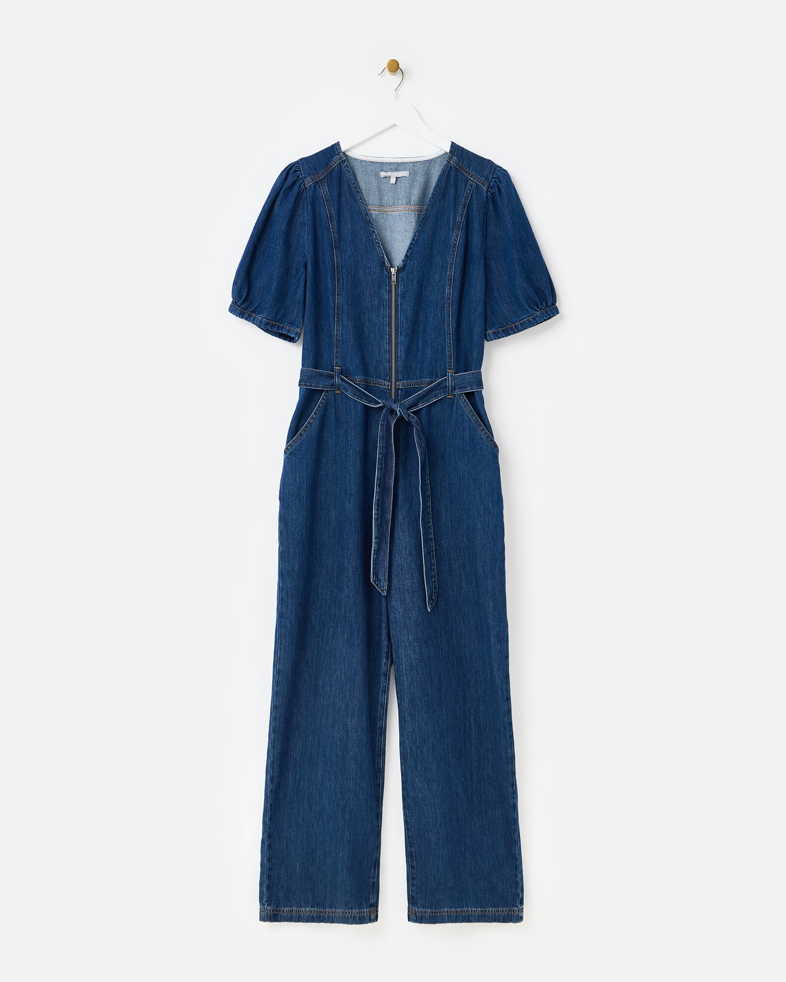 Dark Blue Denim Zip Up V-Neck Jumpsuit