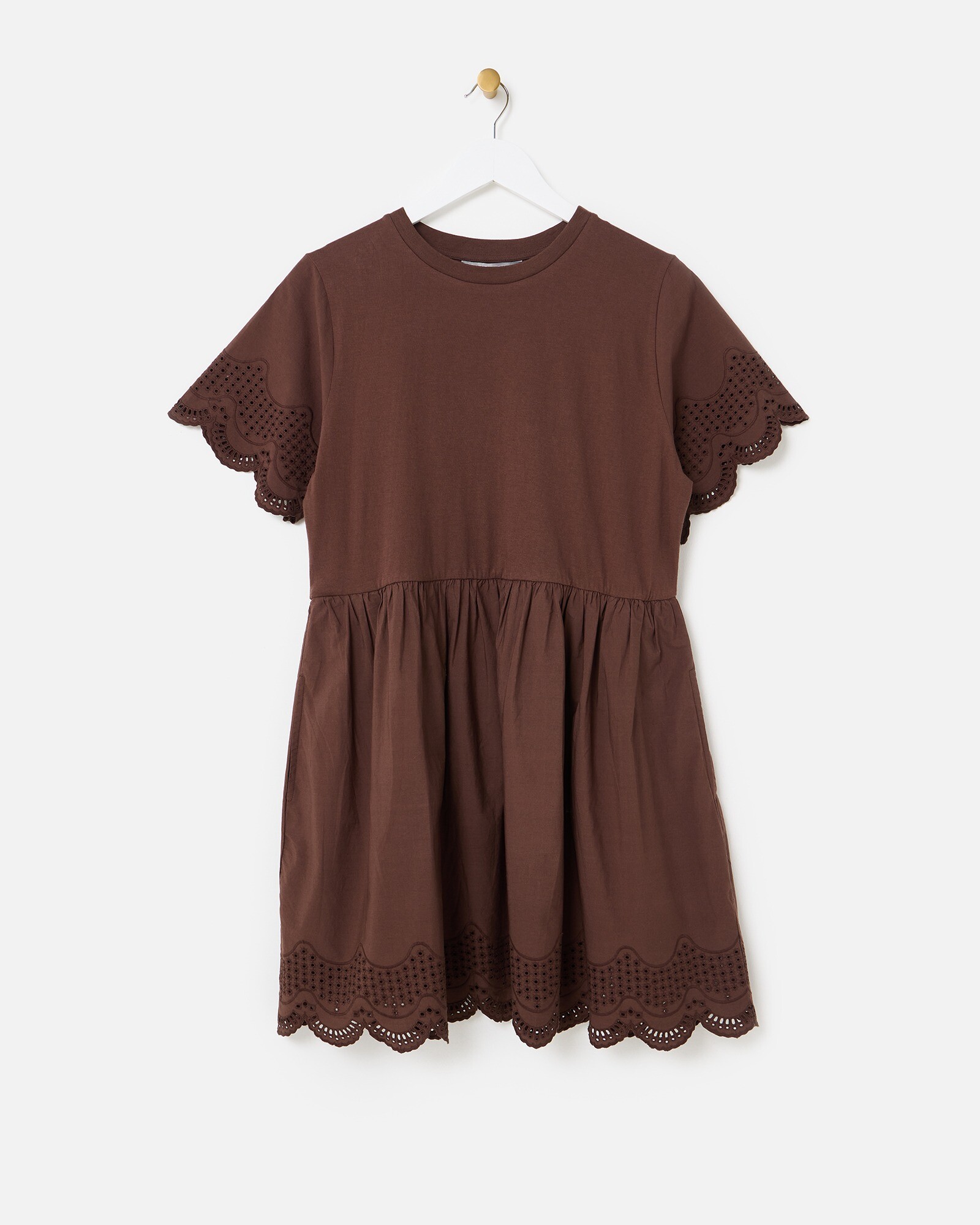 Brown Scalloped Broderie Mini T-Shirt Dress